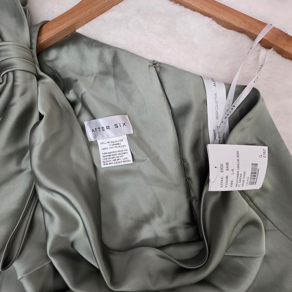 NWT After Six One Shoulder Bias Cut Satin Maxi Dress Sage Green Large - Picture 8 of 10